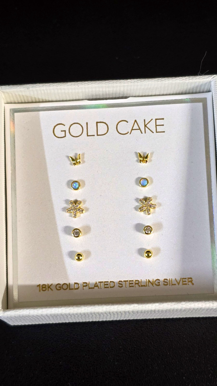 Gold Cake 18K Gold Plated 925 Sterling Silver Blue Opal Flower Stud Earrings